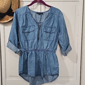Casual Denim Blue Blouse with Zipper
